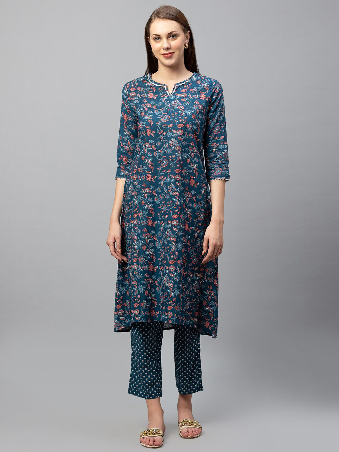 

Globus Women Blue Floral Printed Sequinned Pure Cotton Kurta with Trousers