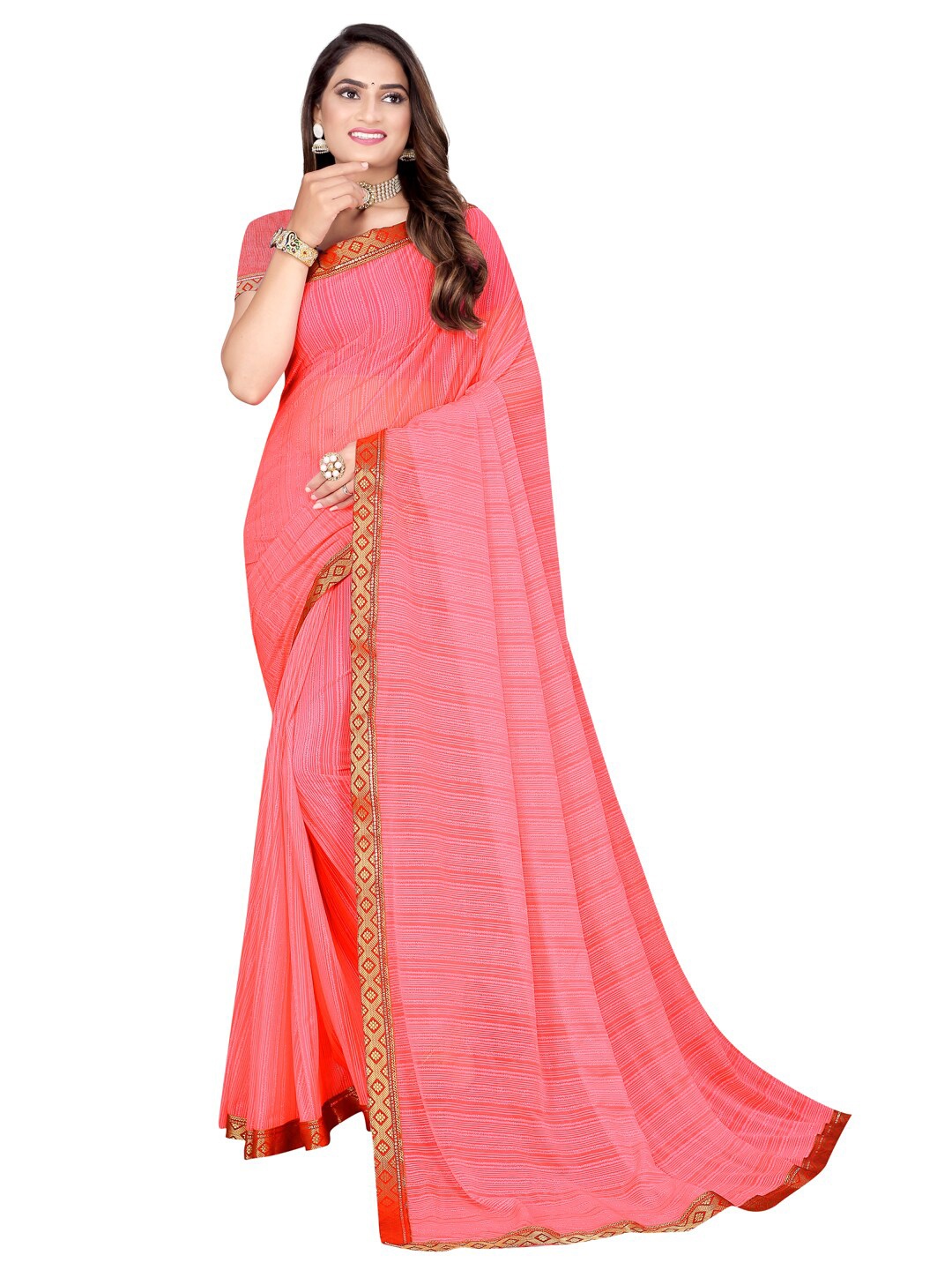 

SAADHVI Peach-Coloured & Gold-Toned Striped Silk Cotton Mysore Silk Saree