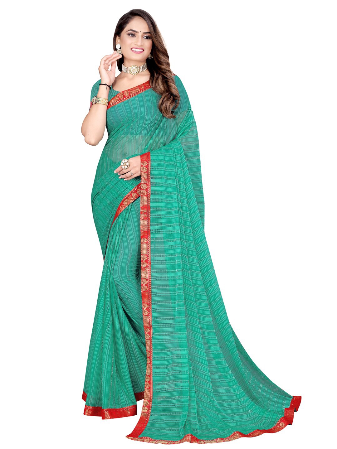 

SAADHVI Teal & Gold-Toned Striped Silk Cotton Mysore Silk Saree