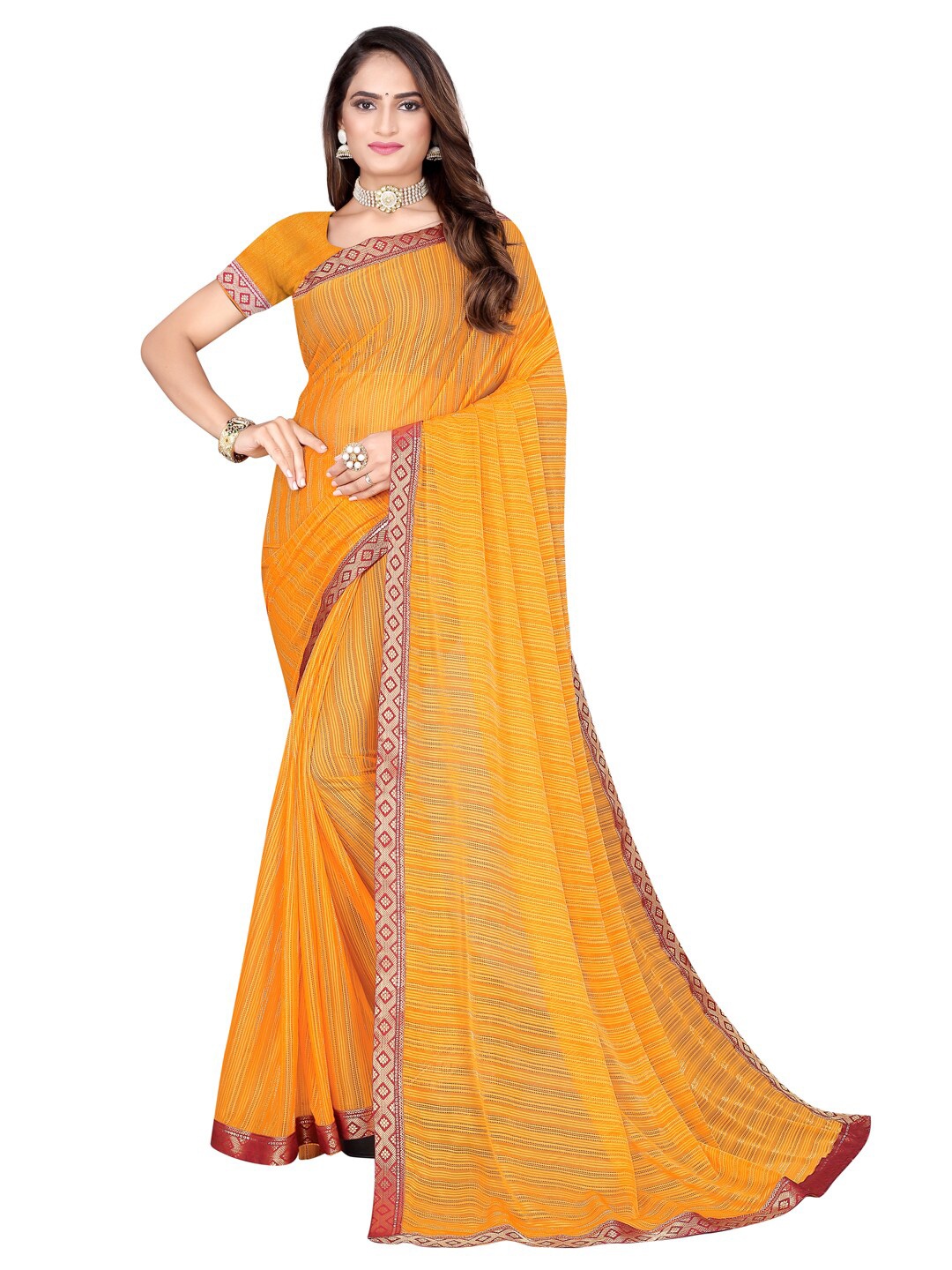 

SAADHVI Mustard & Gold-Toned Striped Silk Cotton Mysore Silk Saree