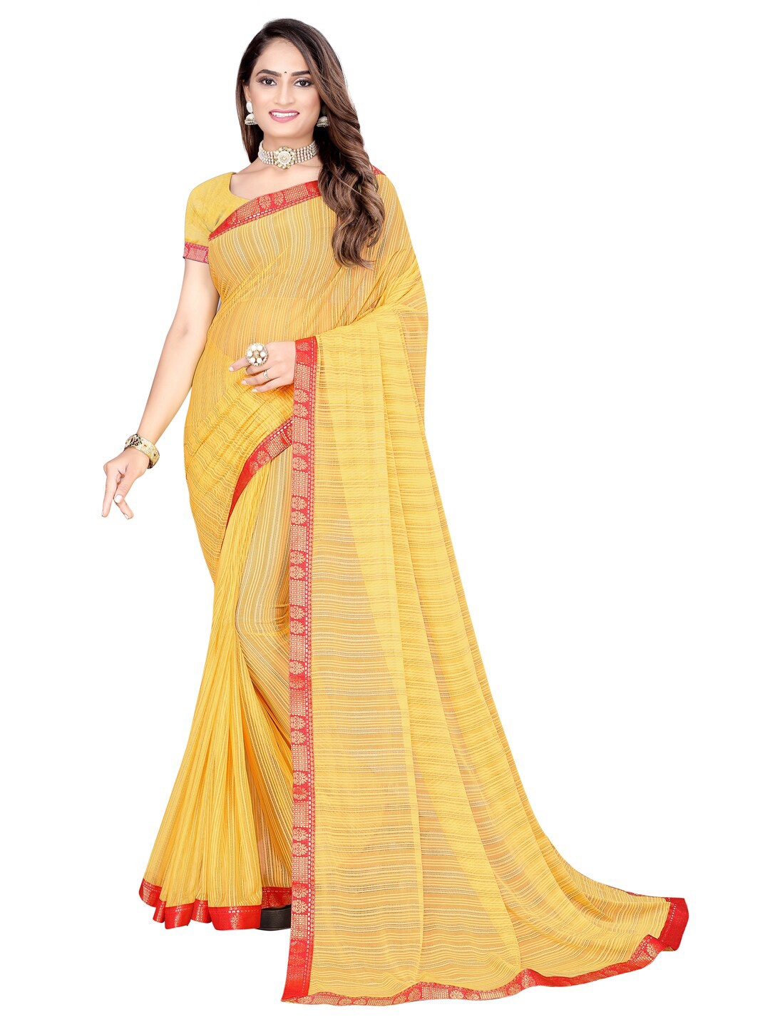 

SAADHVI Yellow & Gold-Toned Striped Silk Cotton Mysore Silk Saree