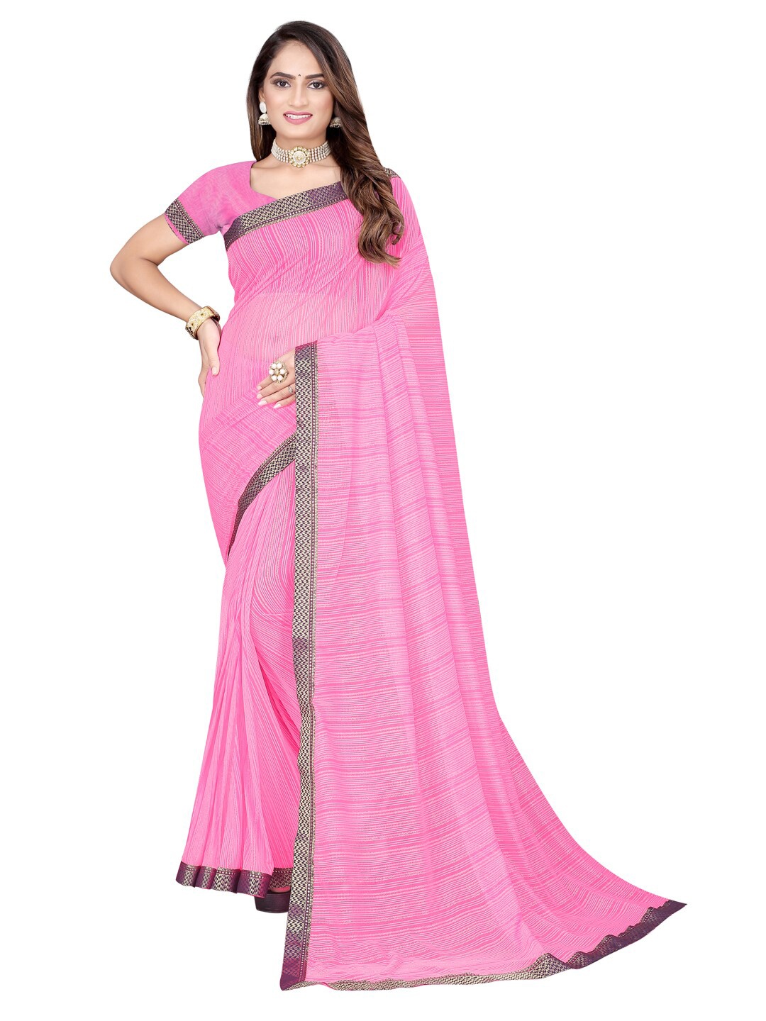 

SAADHVI Fuchsia & Gold-Toned Striped Silk Cotton Mysore Silk Saree