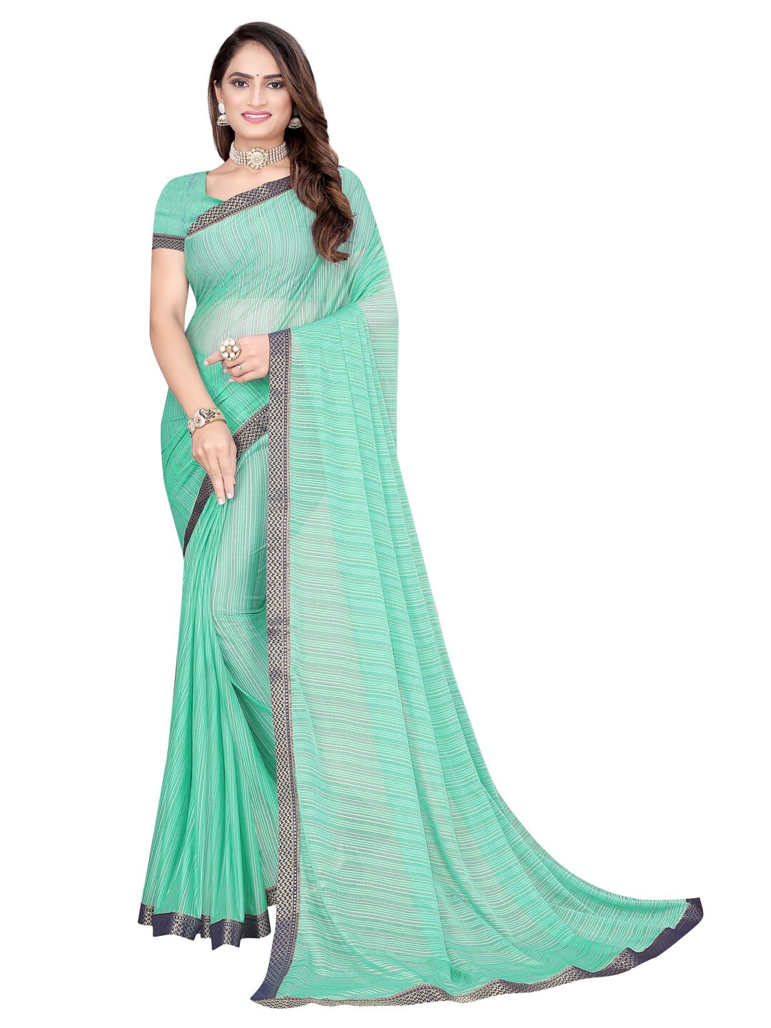 

SAADHVI Sea Green & Gold-Toned Striped Silk Cotton Mysore Silk Saree