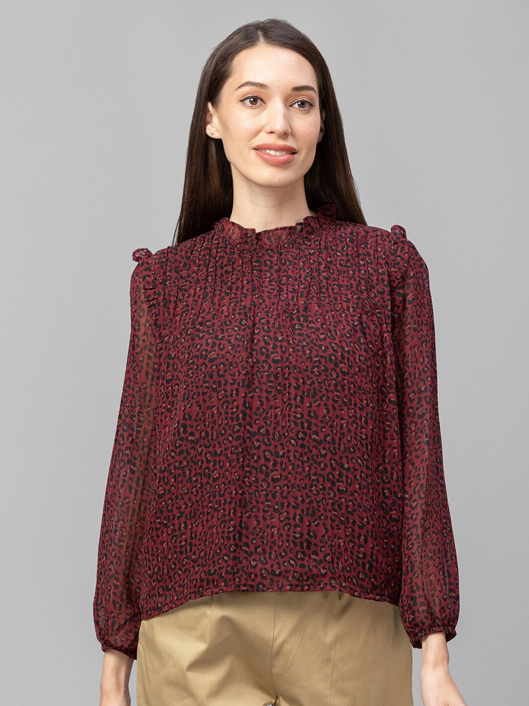 

Globus Maroon Geometric Print Mandarin Collar Ruffles Georgette Top