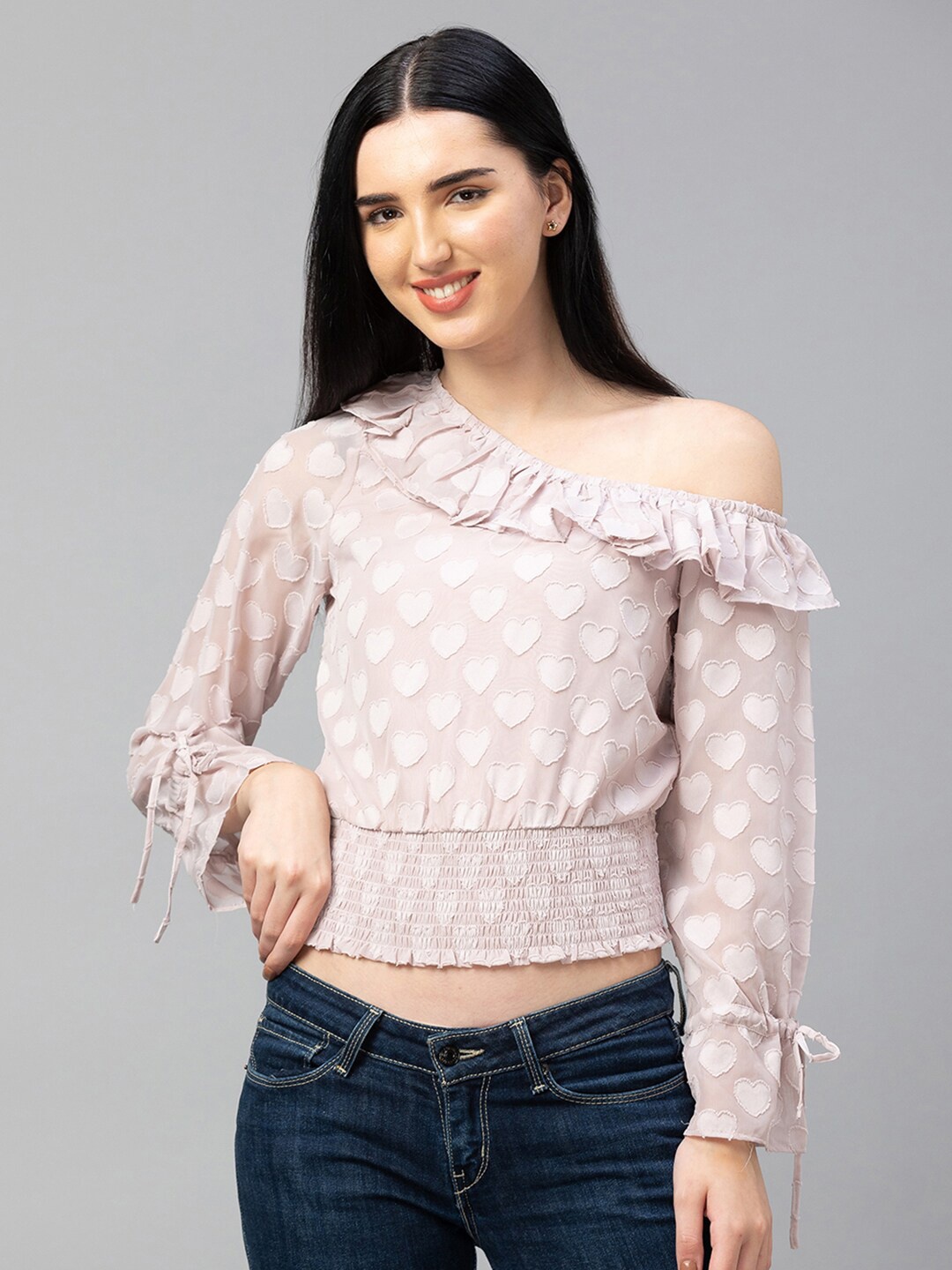 

Globus Pink One Shoulder Georgette Blouson Crop Top