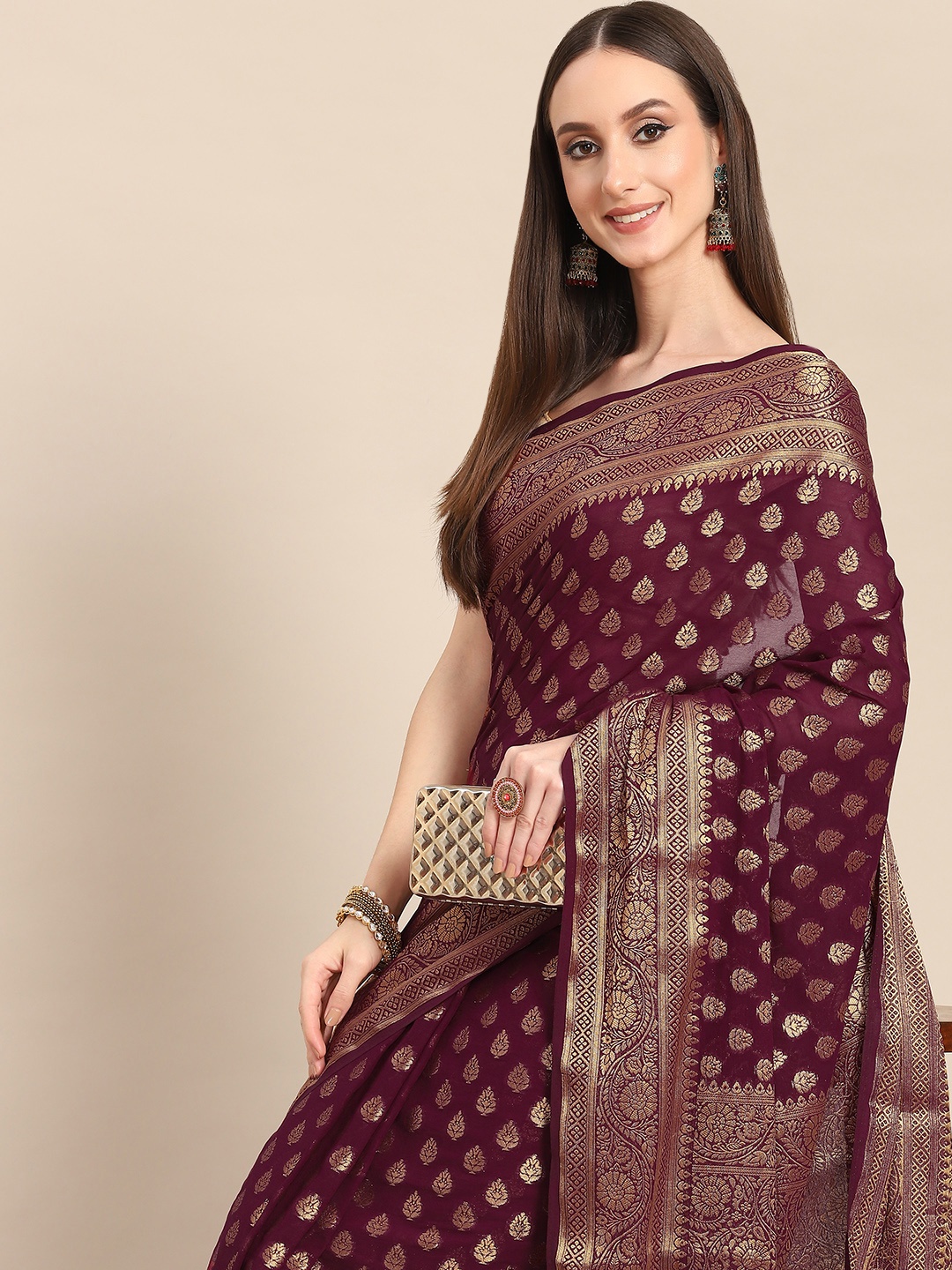 

all about you Purple & Golden Woven Design Pure Georgette Saree