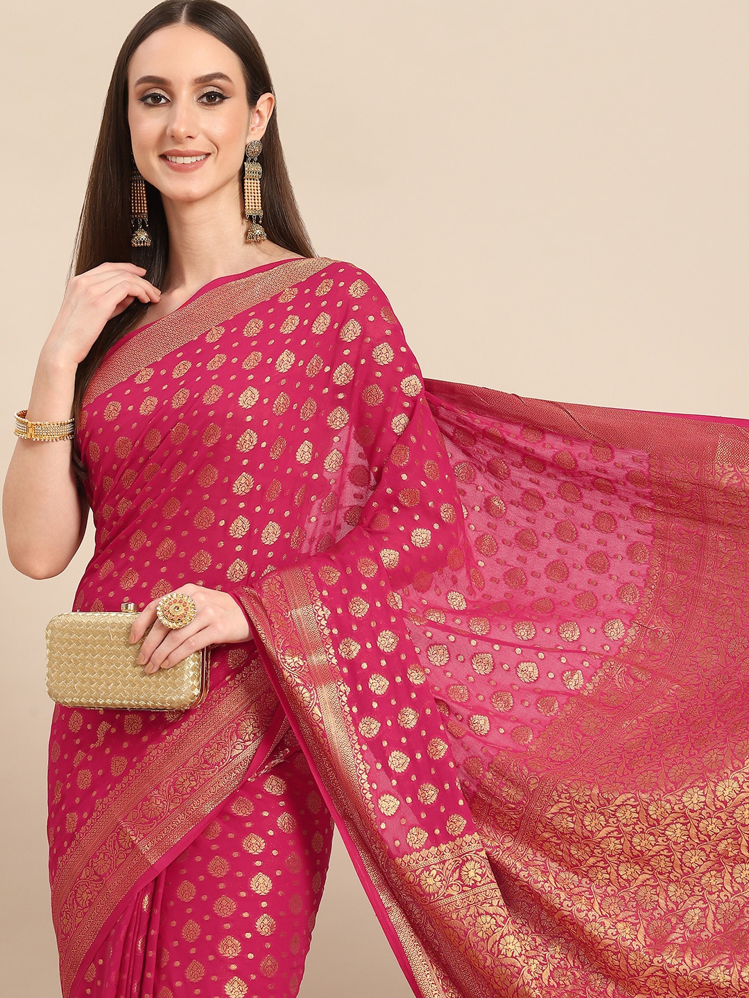 

all about you Fuchsia & Golden Woven Design Pure Georgette Saree