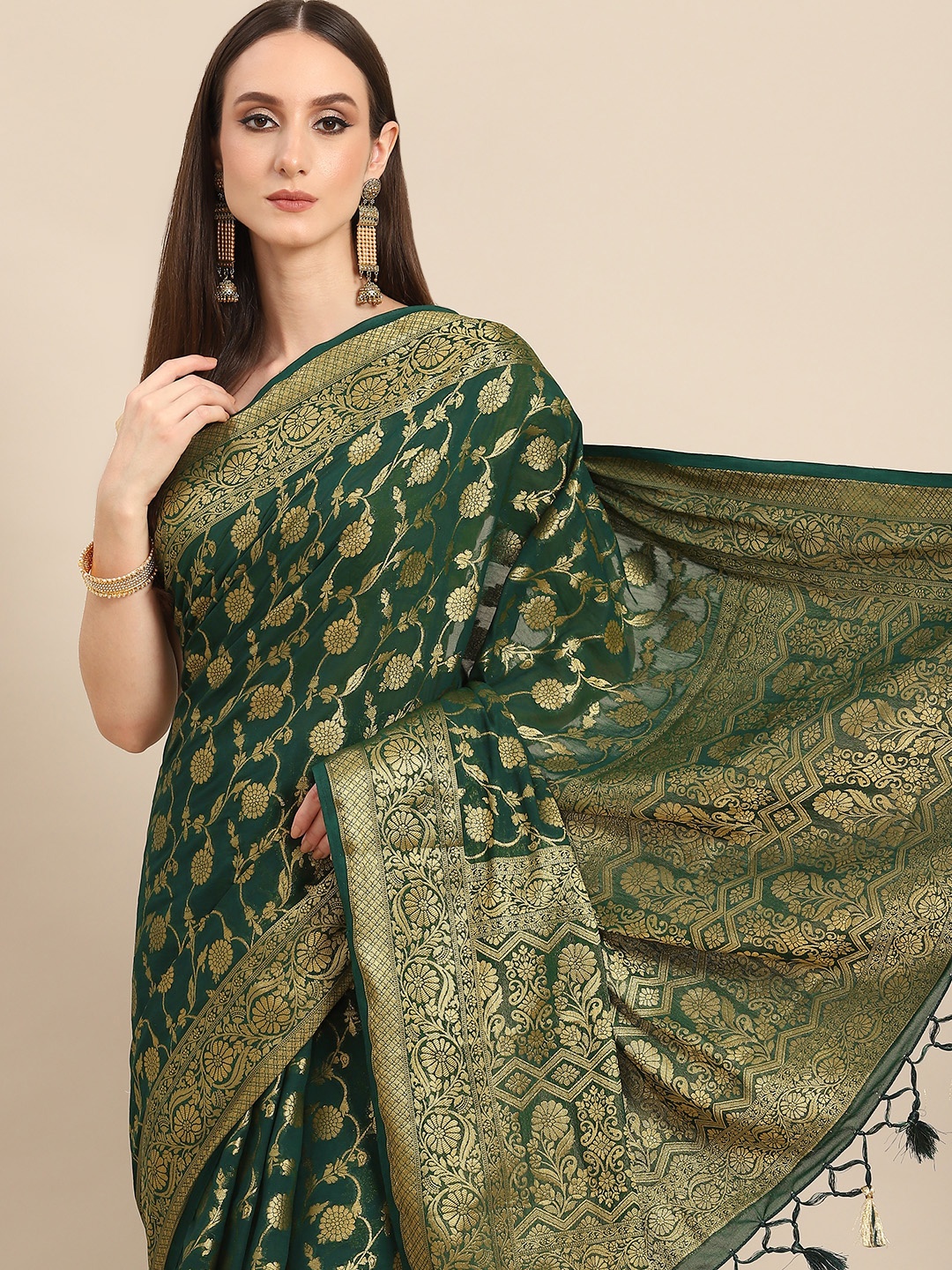

all about you Green & Golden Woven Design Pure Georgette Saree