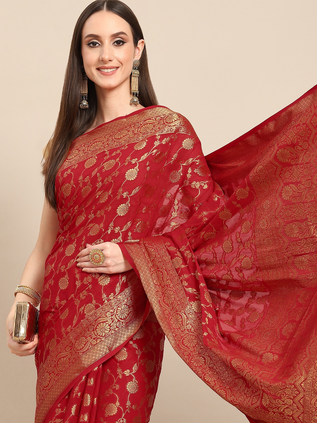 

all about you Red & Golden Woven Design Pure Georgette Saree