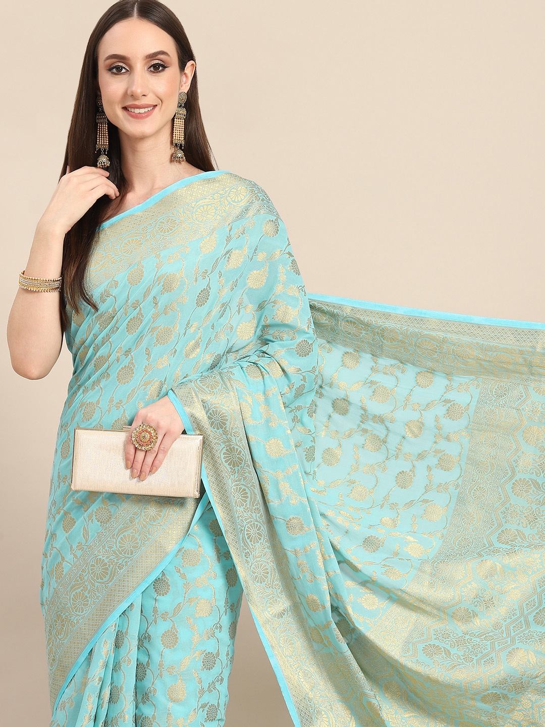 

all about you Blue & Golden Woven Design Pure Georgette Saree