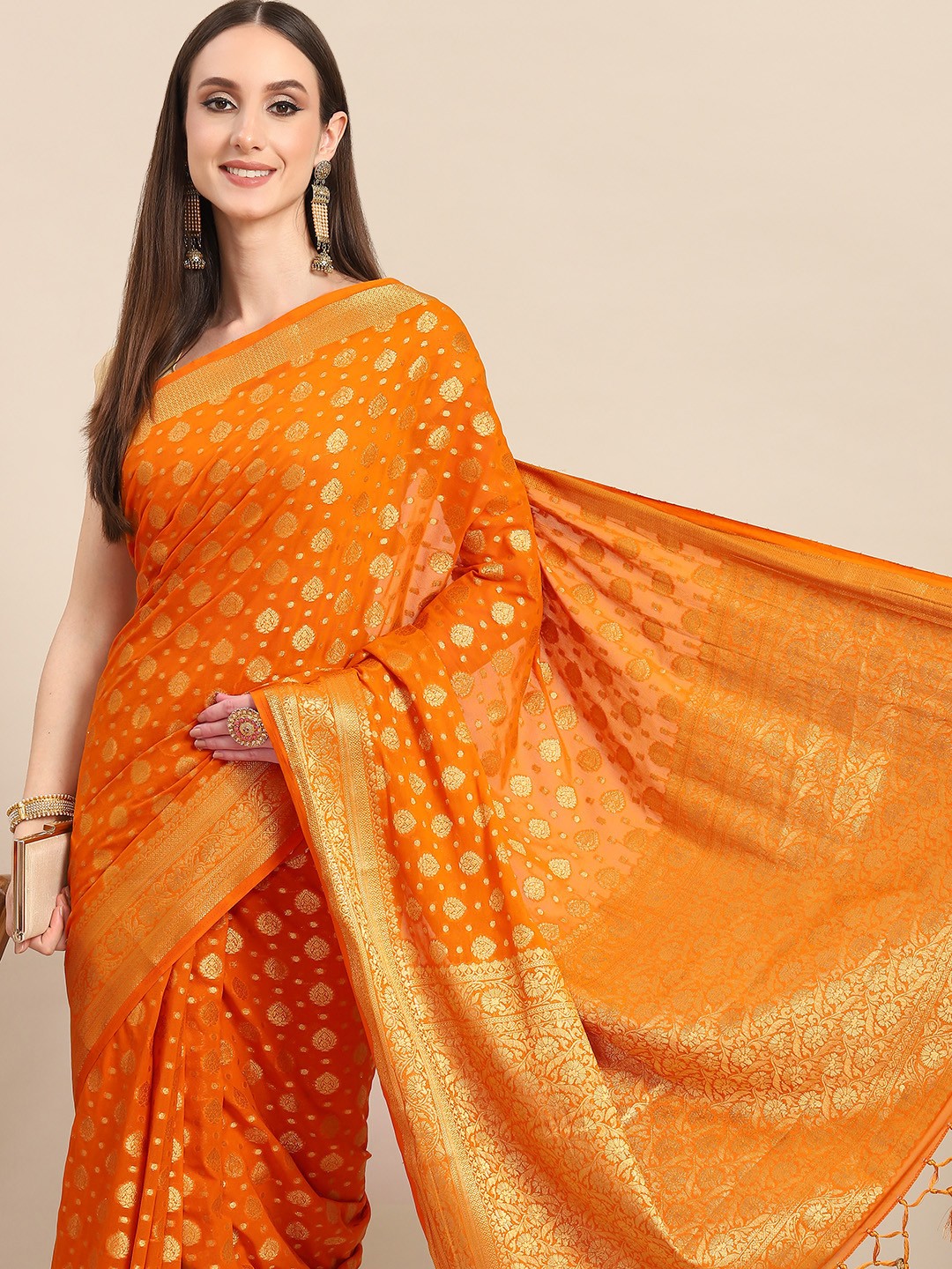 

all about you Mustard Yellow & Golden Woven Design Pure Georgette Saree
