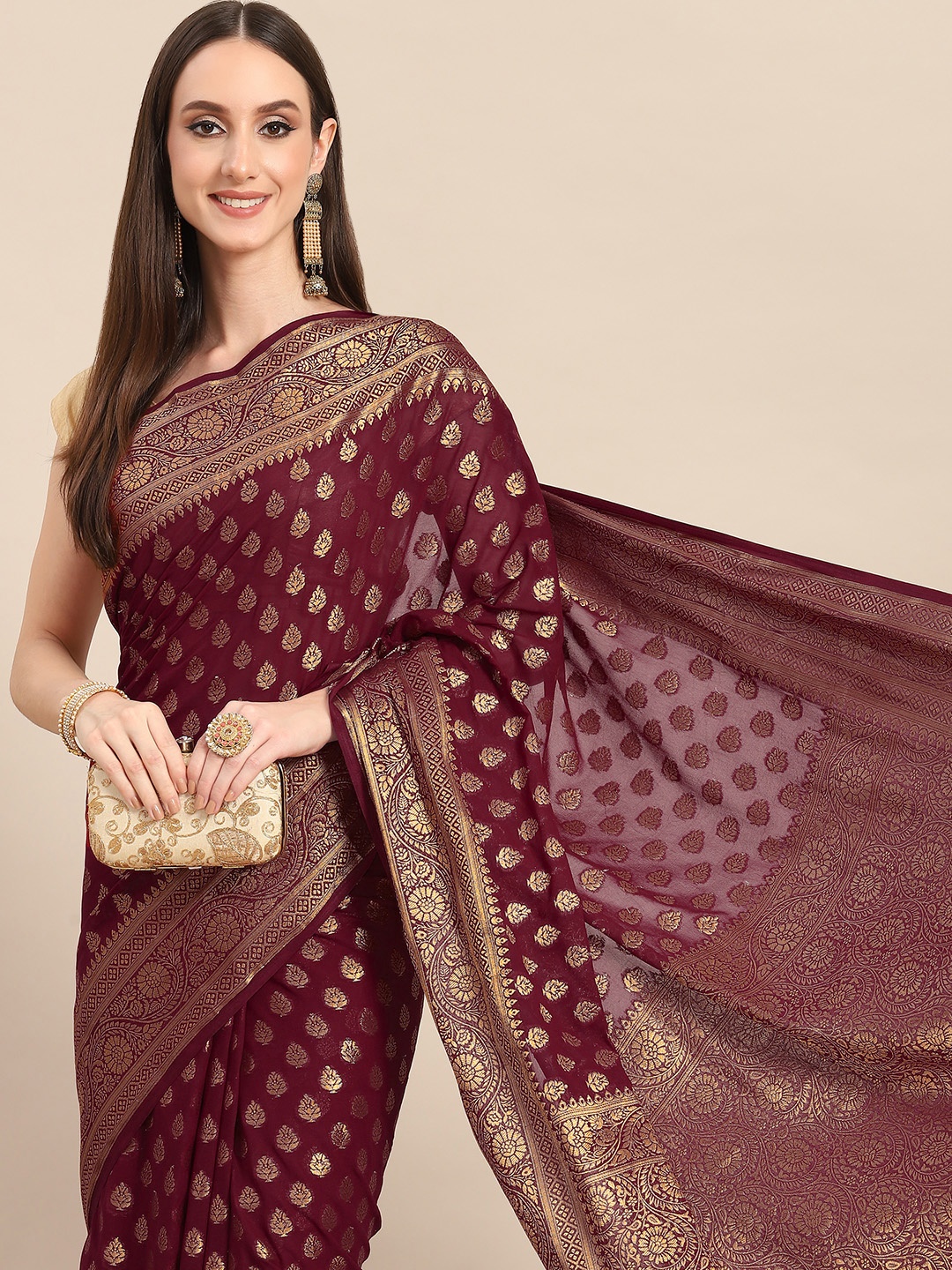 

all about you Maroon & Golden Woven Design Pure Georgette Saree