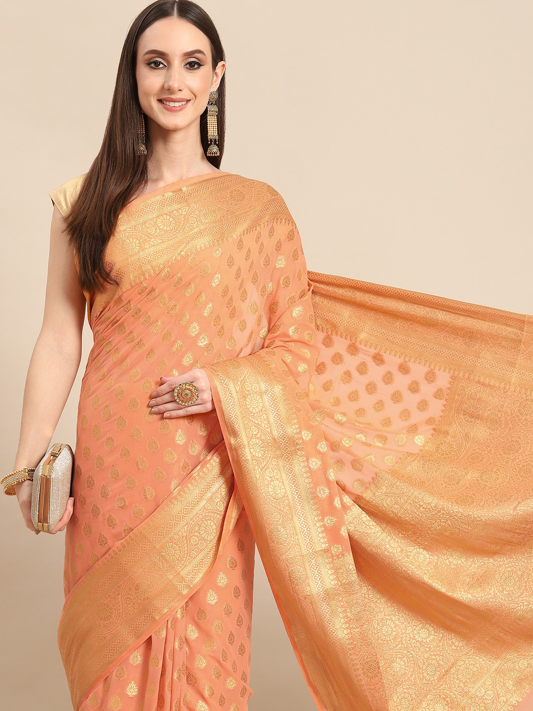 

all about you Coral Orange & Golden Woven Design Pure Georgette Saree