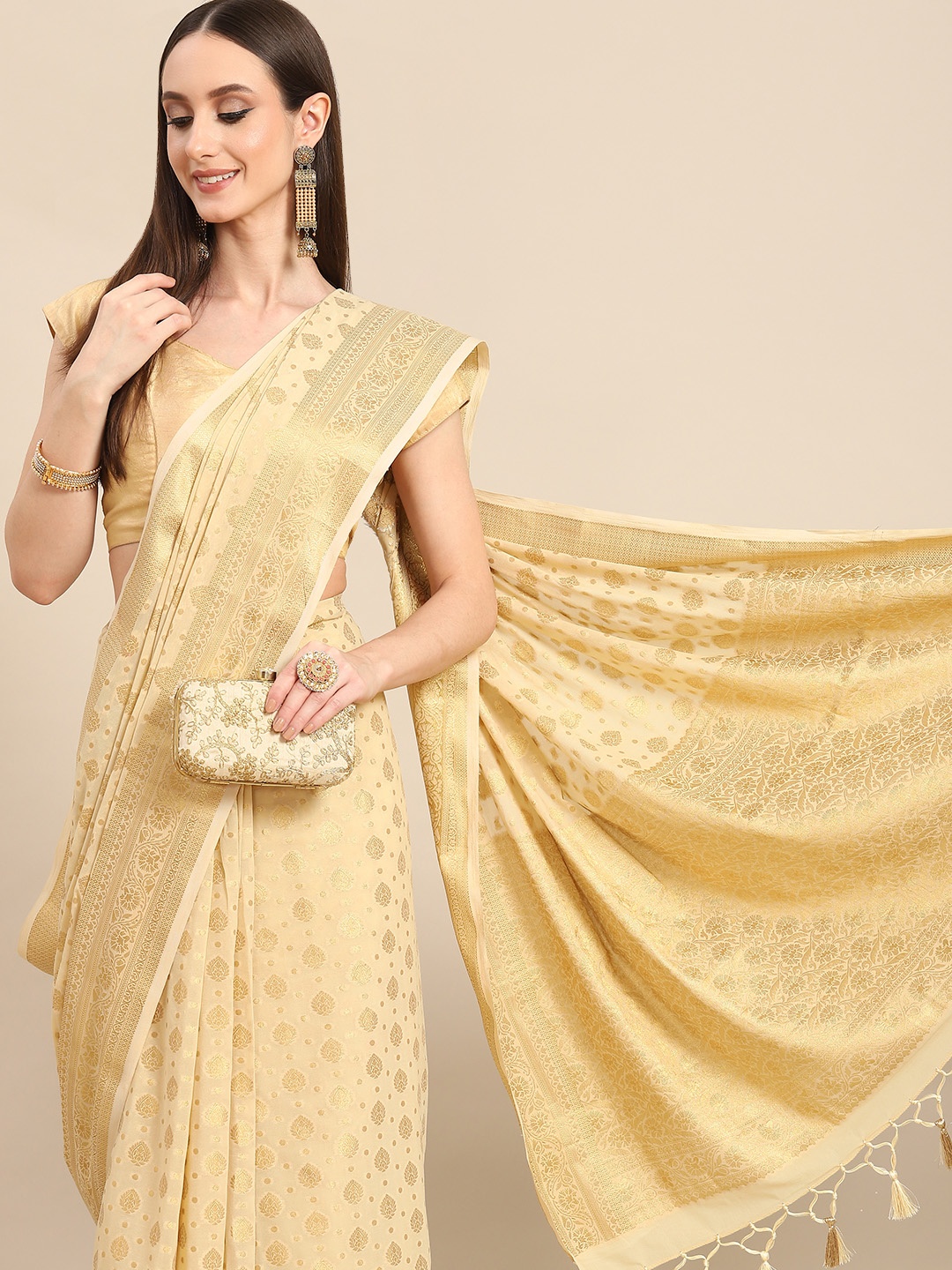 

all about you Off White & Golden Woven Design Pure Georgette Saree