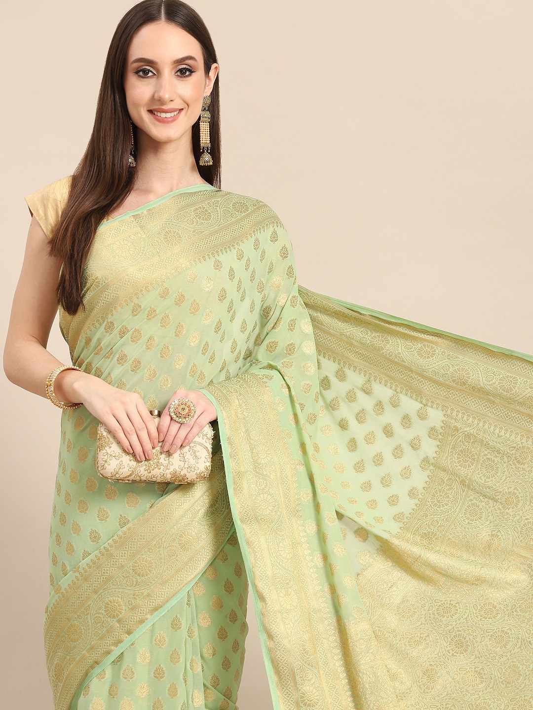 

all about you Green & Golden Woven Design Pure Georgette Saree