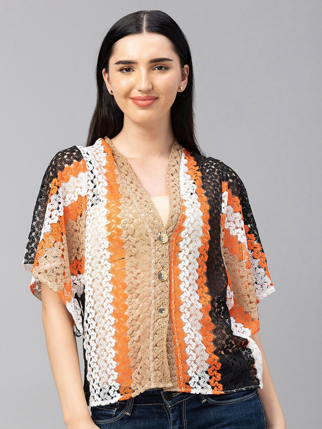 

Globus Women Beige & White Button Shrug