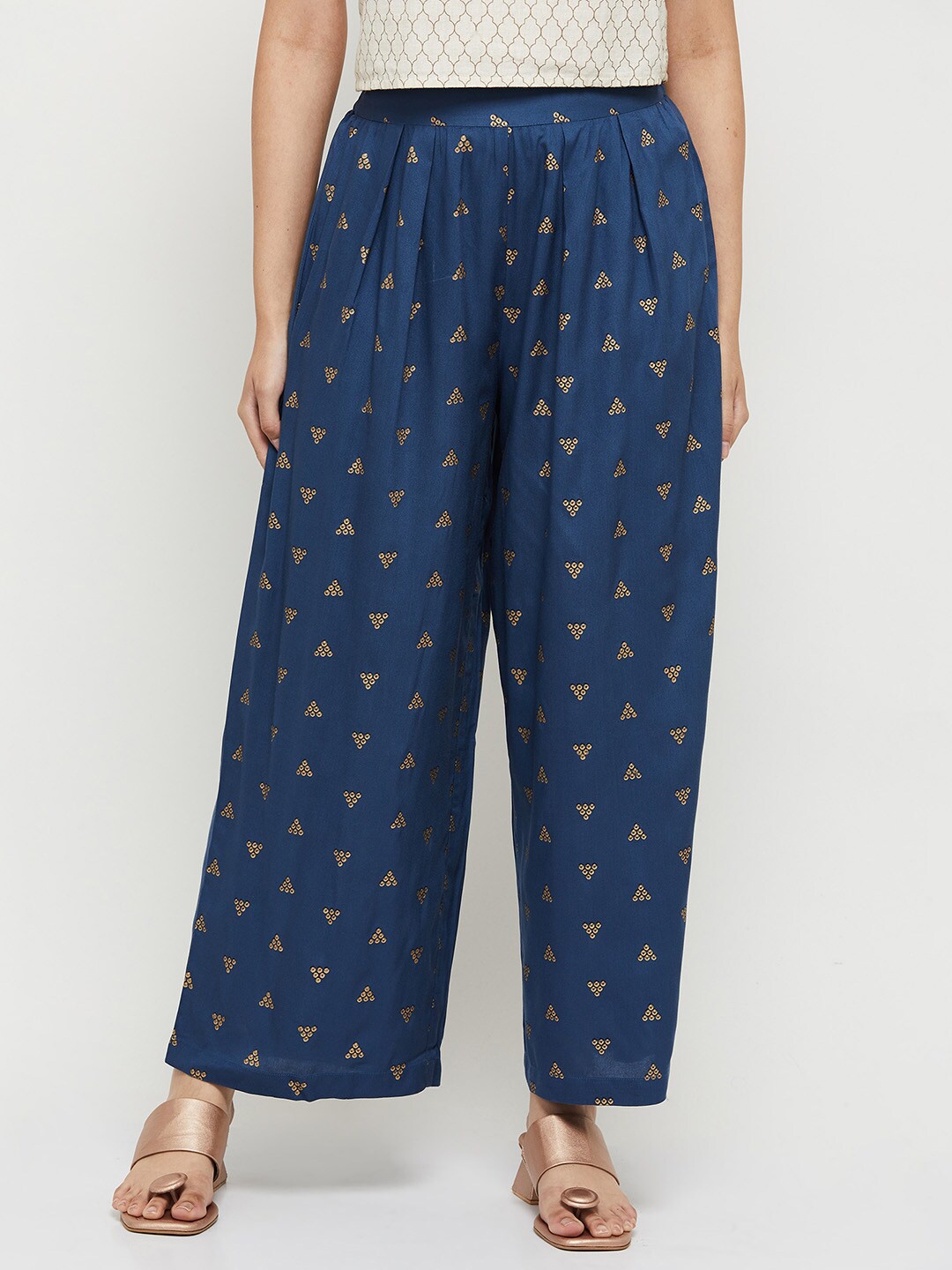 

max Women Blue & Gold-Toned Ethnic Motifs Printed Knitted Palazzos