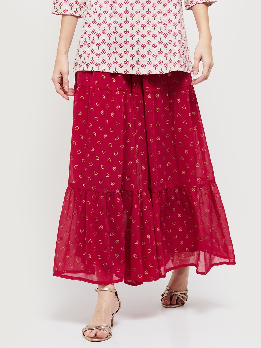 

max Women Fuchsia & Gold-Toned Floral Printed Knitted Palazzos