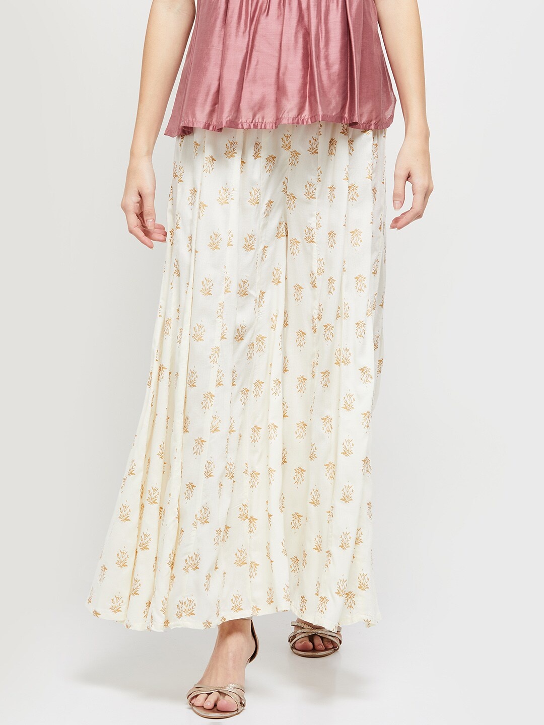 

max Women Off White & Yellow Floral Printed Flared Knitted Palazzos