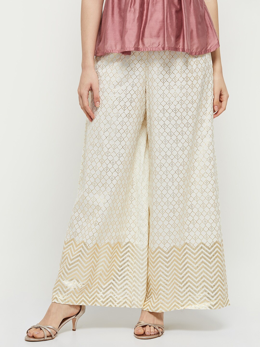 

max Women Off White & Gold-Toned Ethnic Motifs Printed Knitted Cropped Palazzos