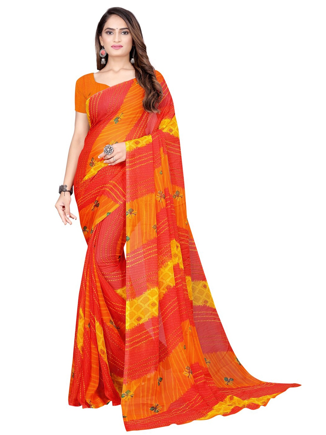 

SAADHVI Red & Orange Bandhani Pure Georgette Bandhani Saree