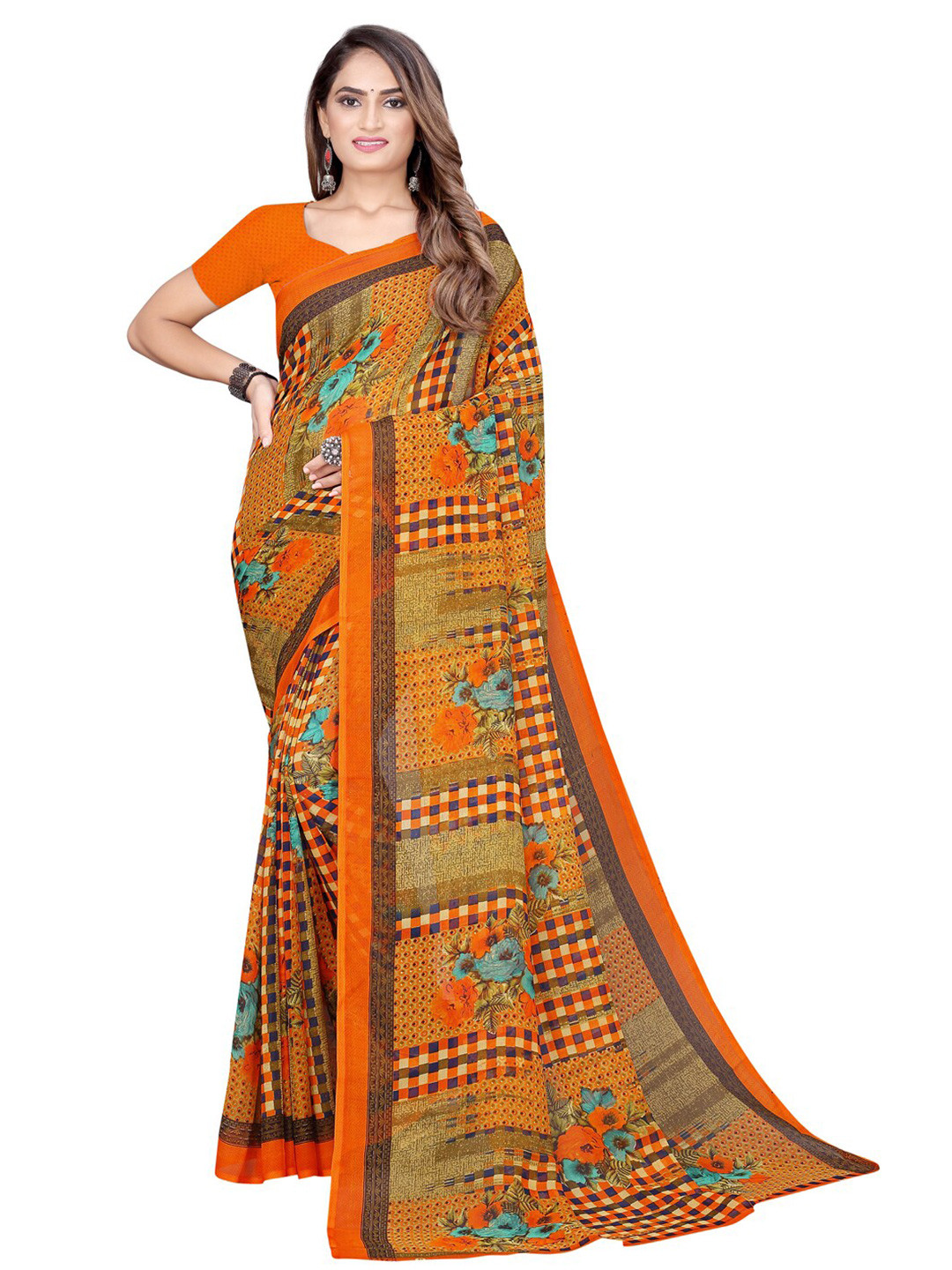 

SAADHVI Orange & Blue Floral Pure Georgette Maheshwari Saree