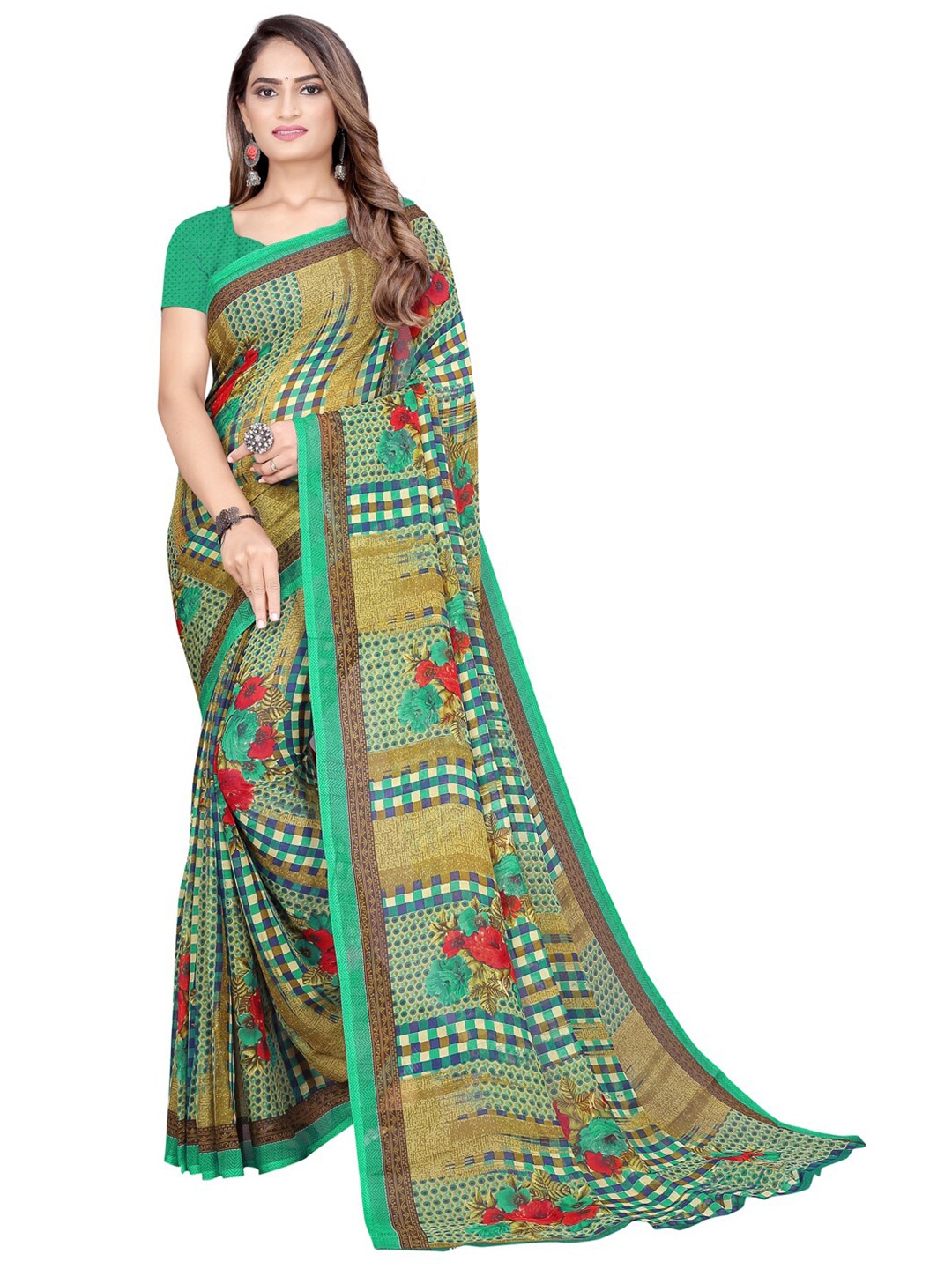 

SAADHVI Sea Green & Red Floral Pure Georgette Maheshwari Saree