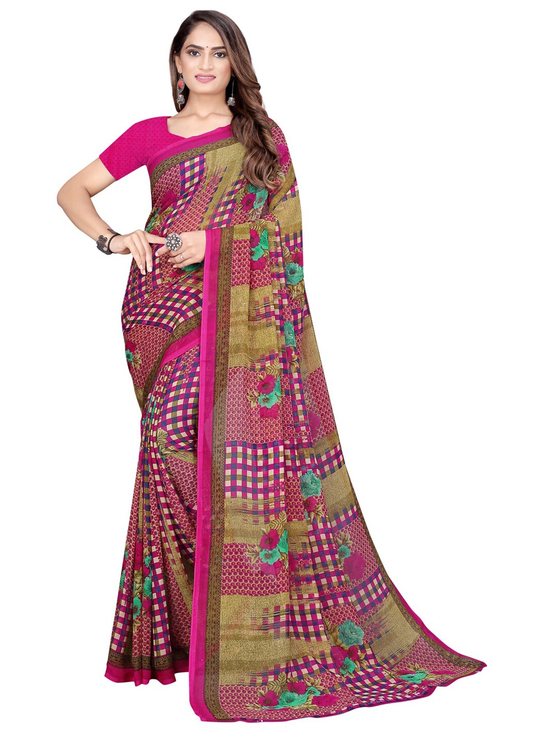 

SAADHVI Pink & Green Floral Pure Georgette Maheshwari Saree