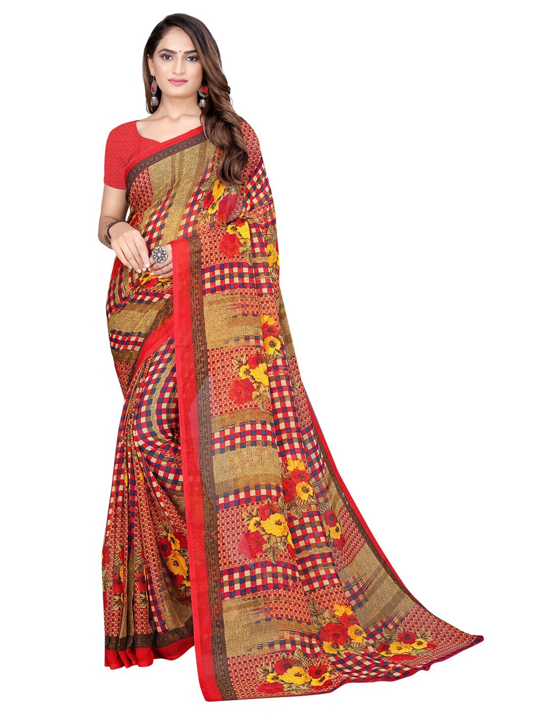 SAADHVI Red & Brown Floral Pure Georgette Maheshwari Saree