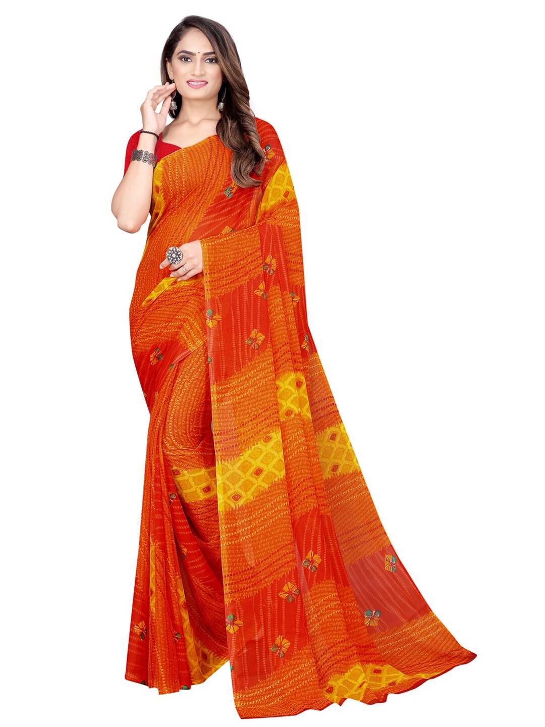 

SAADHVI Orange & Red Bandhani Pure Georgette Bandhani Saree