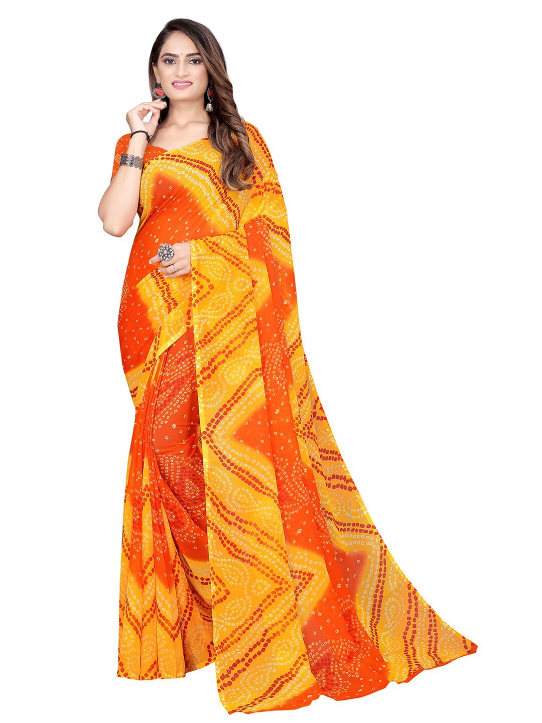 

SAADHVI Orange & Yellow Bandhani Pure Georgette Bandhani Saree