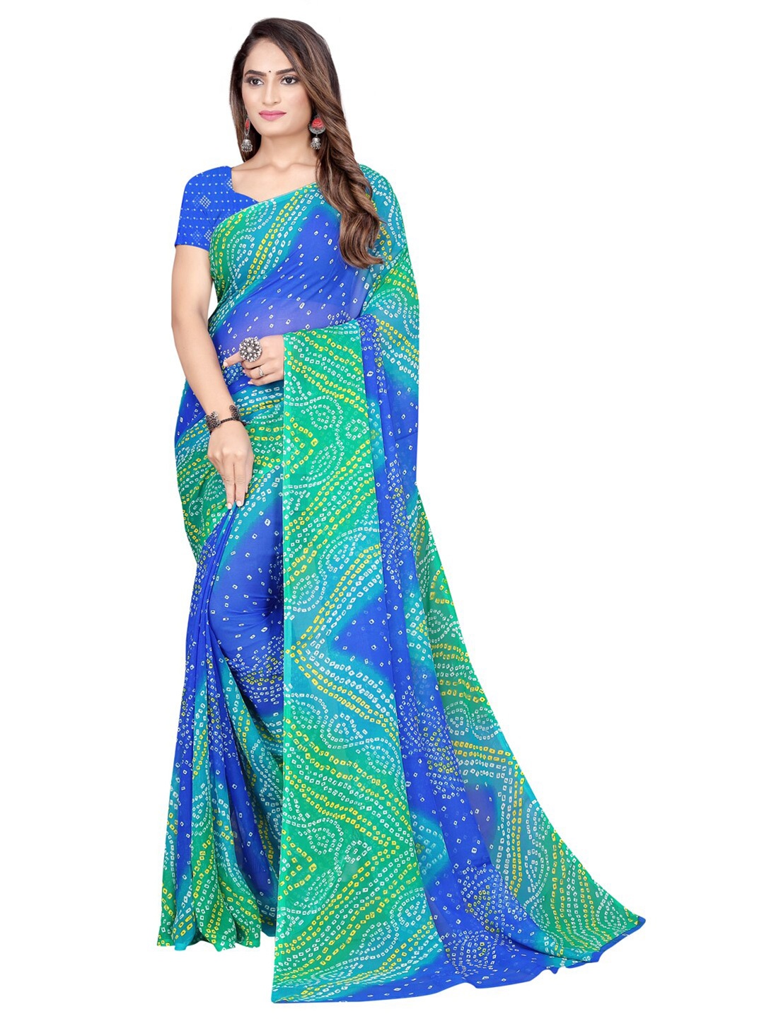 

SAADHVI Sea Green & Blue Bandhani Pure Georgette Bandhani Saree