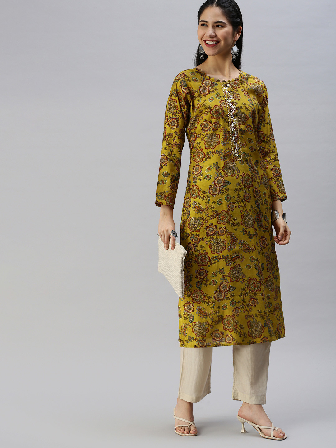

swatika Women Olive Green Ethnic Motifs Printed Cotton Silk Zardozi Kurta