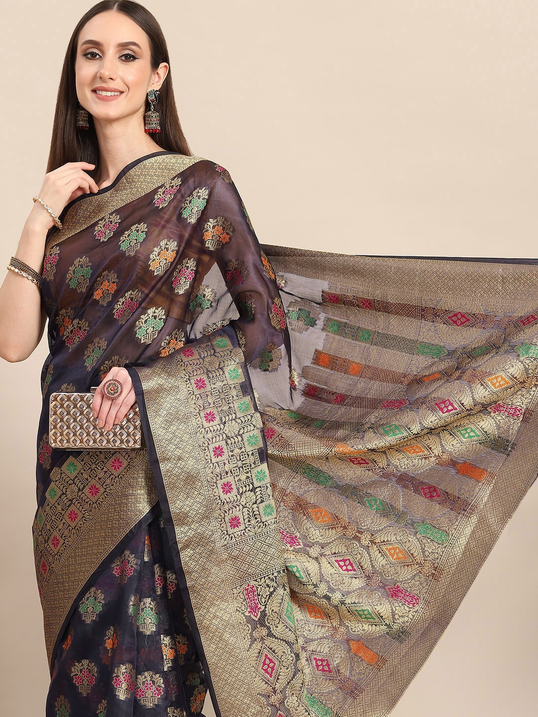 

all about you Navy Blue & Golden Woven Design Organza Saree