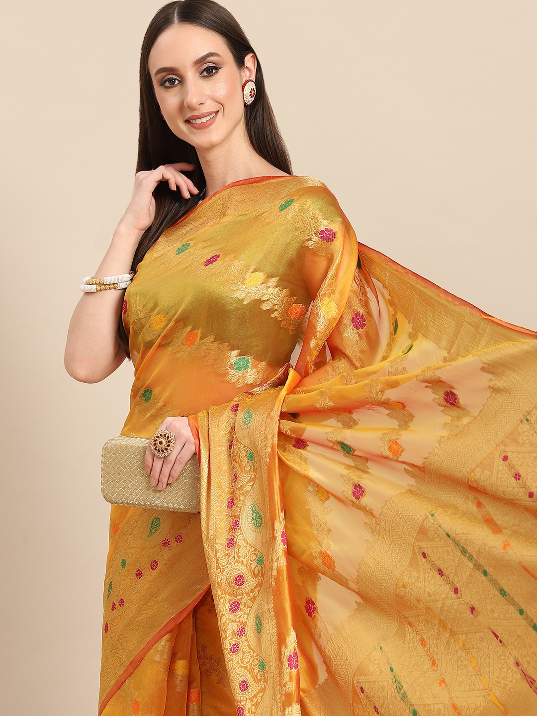 

all about you Yellow & Golden Woven Design Organza Saree