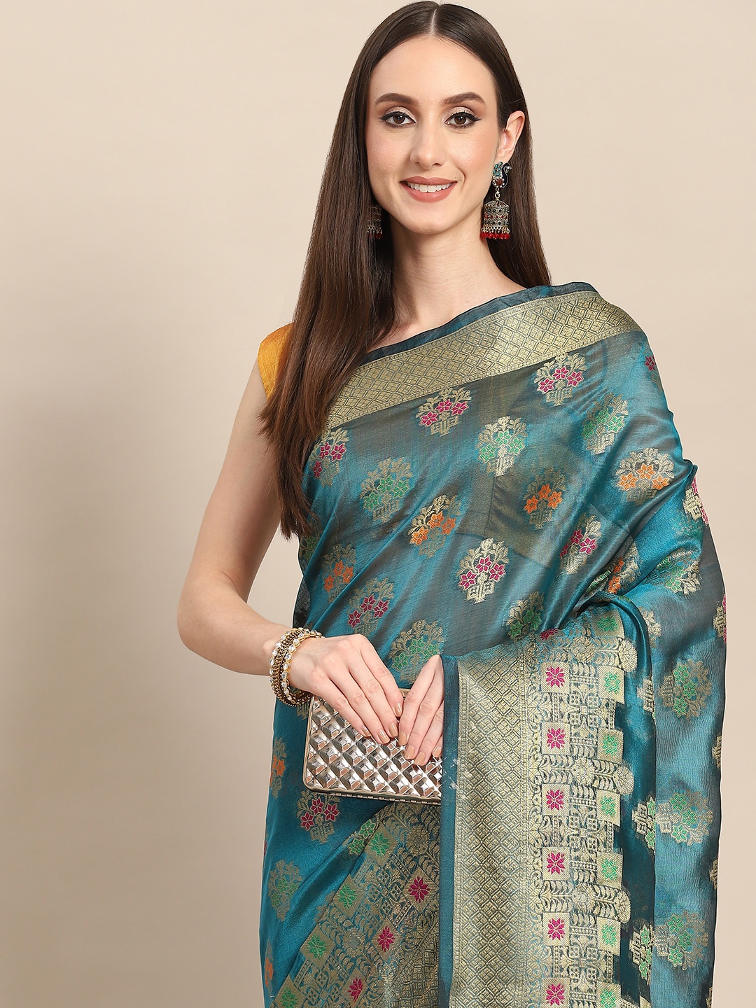 

all about you Teal Blue & Golden Woven Design Organza Saree