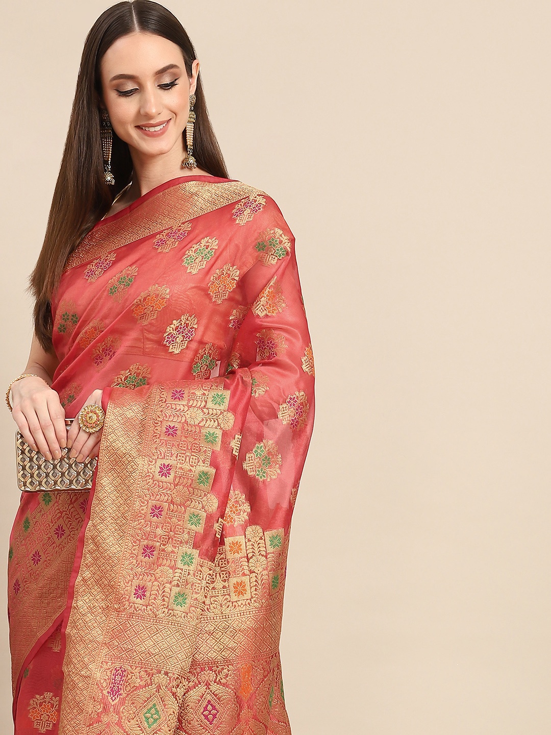 

all about you Red & Golden Woven Design Organza Saree