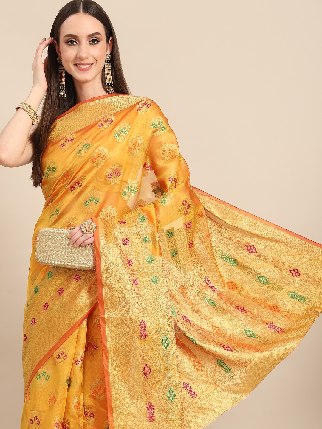 

all about you Yellow & Golden Woven Design Organza Saree