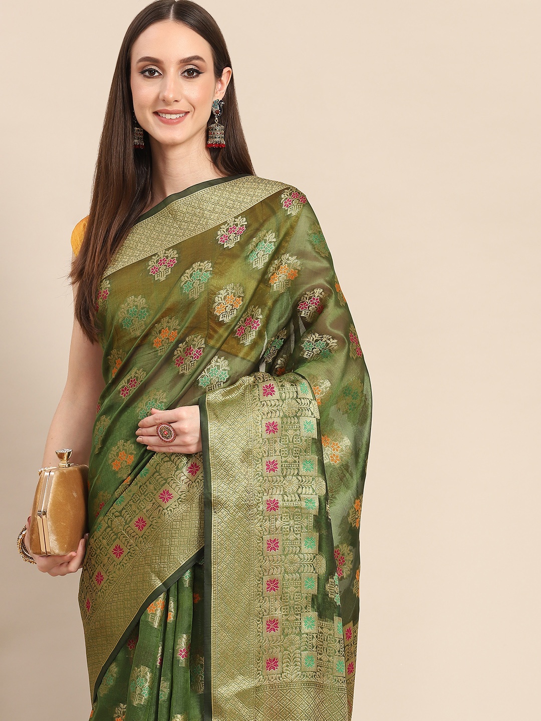 

all about you Green & Golden Woven Design Organza Saree