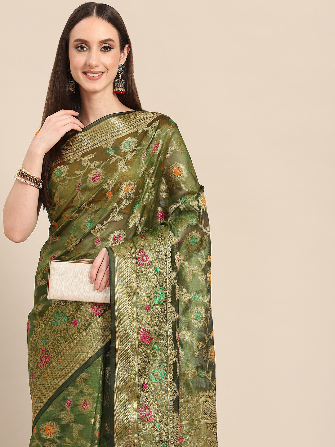 

all about you Green & Golden Woven Design Organza Saree