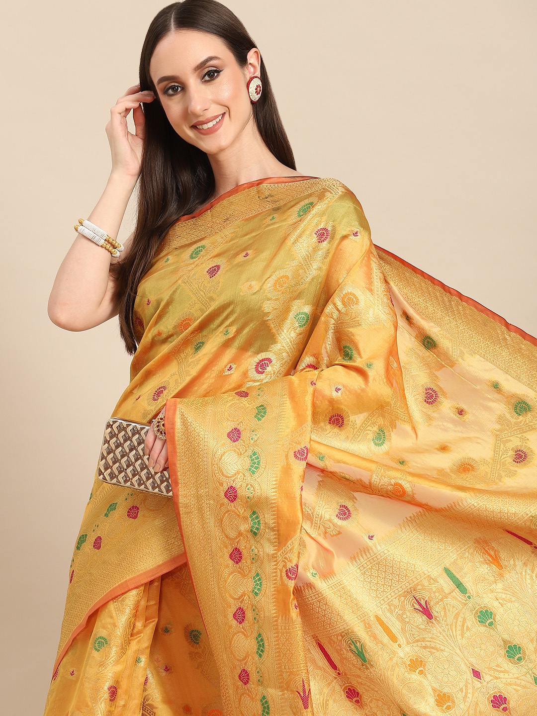 

all about you Yellow & Golden Woven Design Organza Saree