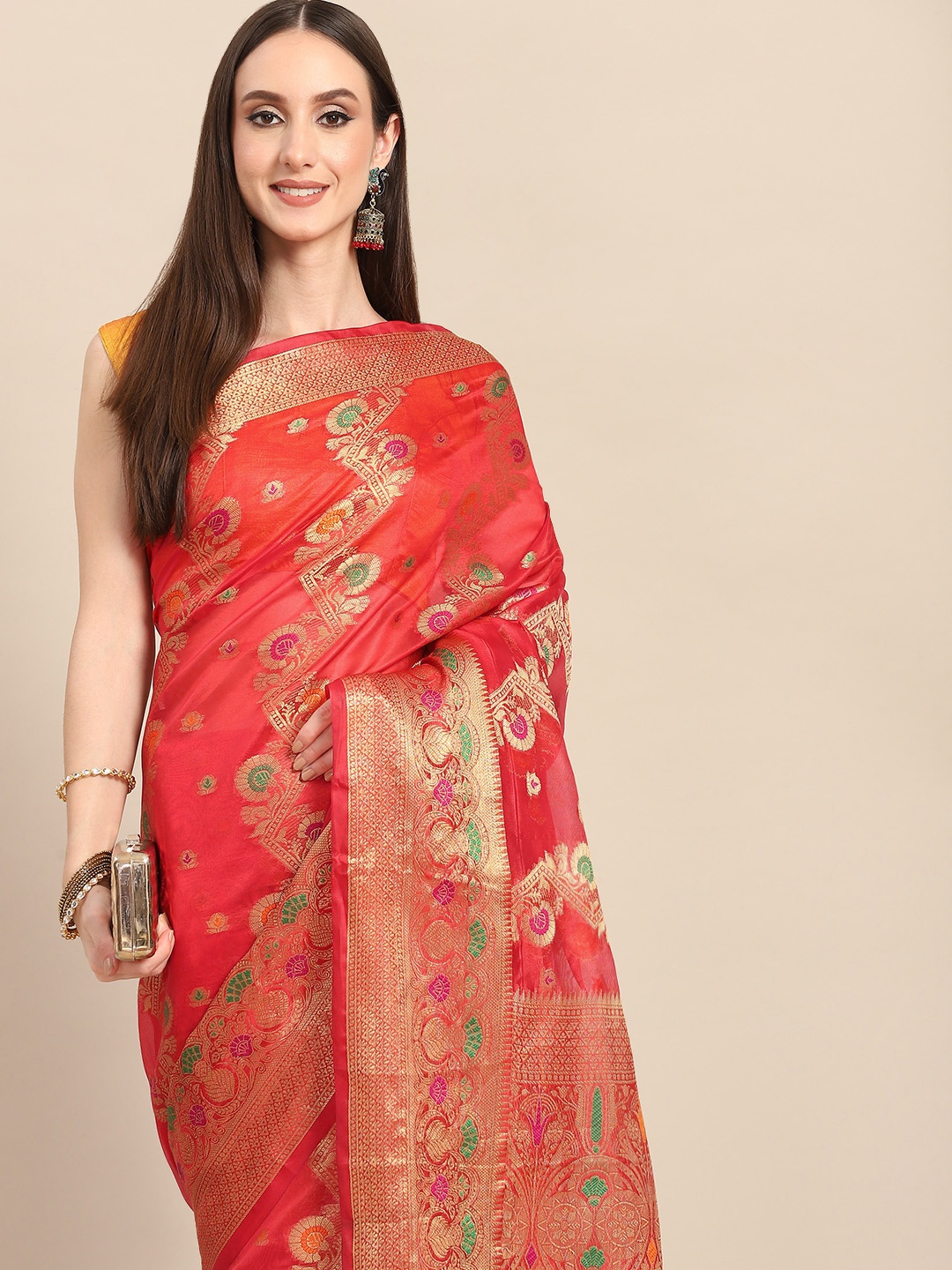 

all about you Red & Golden Woven Design Organza Saree