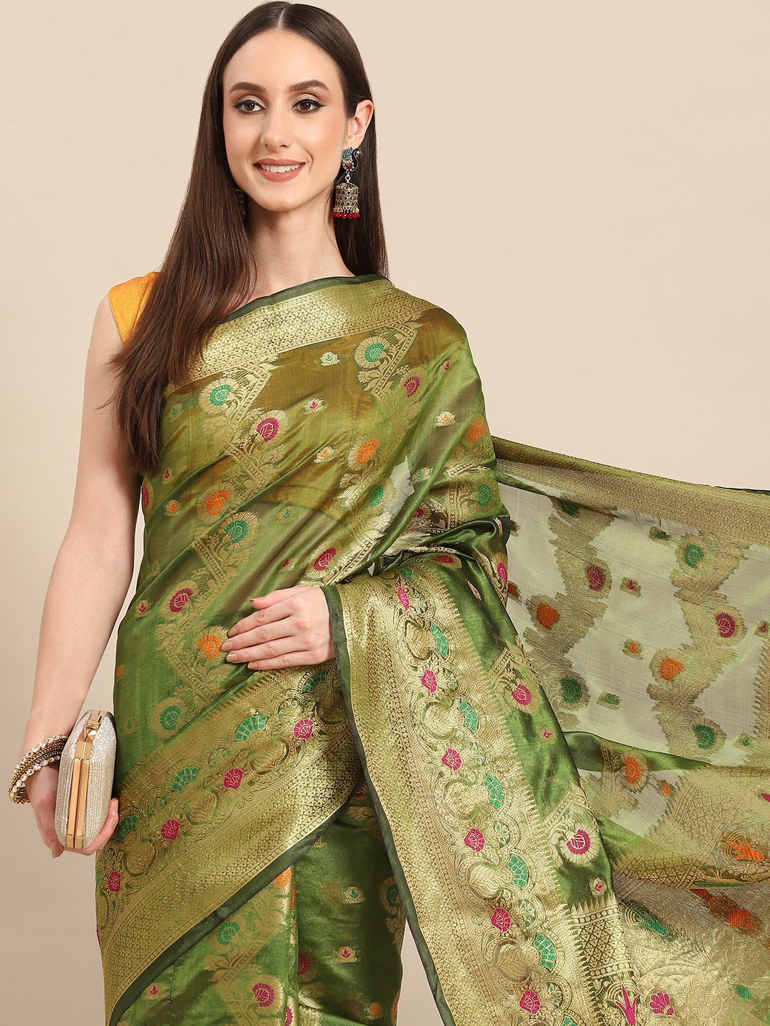 

all about you Green & Golden Woven Design Organza Saree