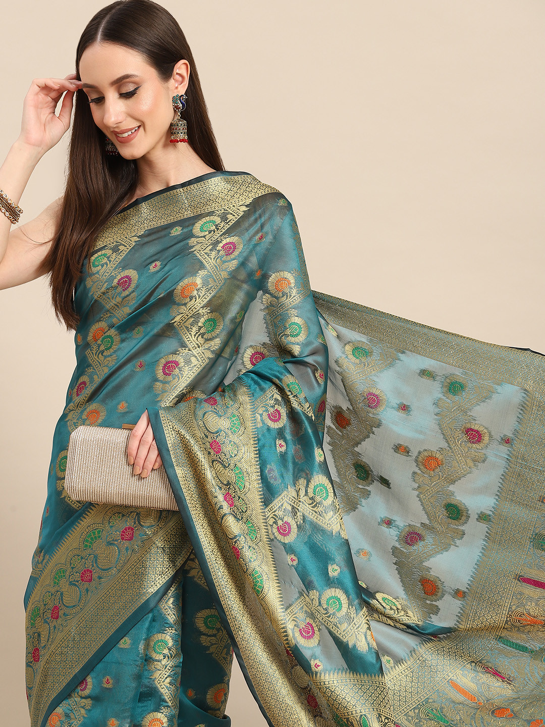 

all about you Teal Blue & Golden Woven Design Organza Saree