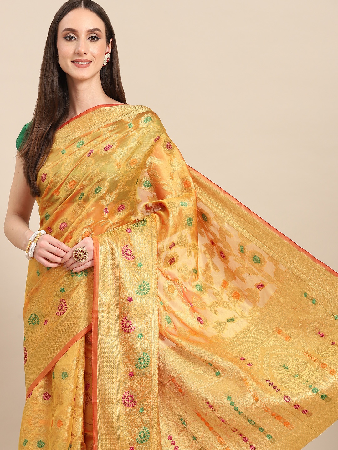 

all about you Yellow & Golden Woven Design Organza Saree