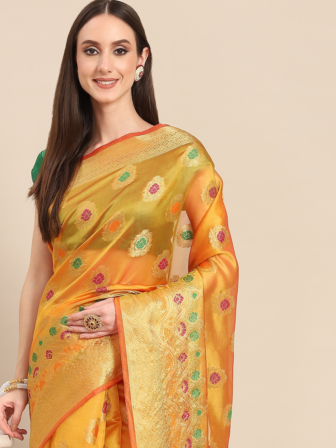 

all about you Mustard Yellow & Golden Woven Design Organza Saree