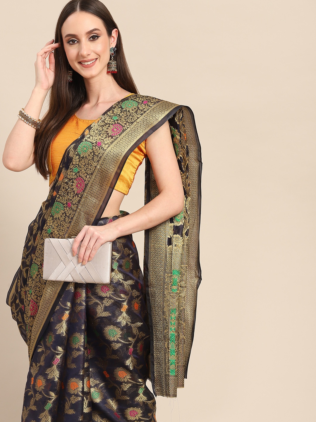 

all about you Navy Blue & Golden Woven Design Organza Saree