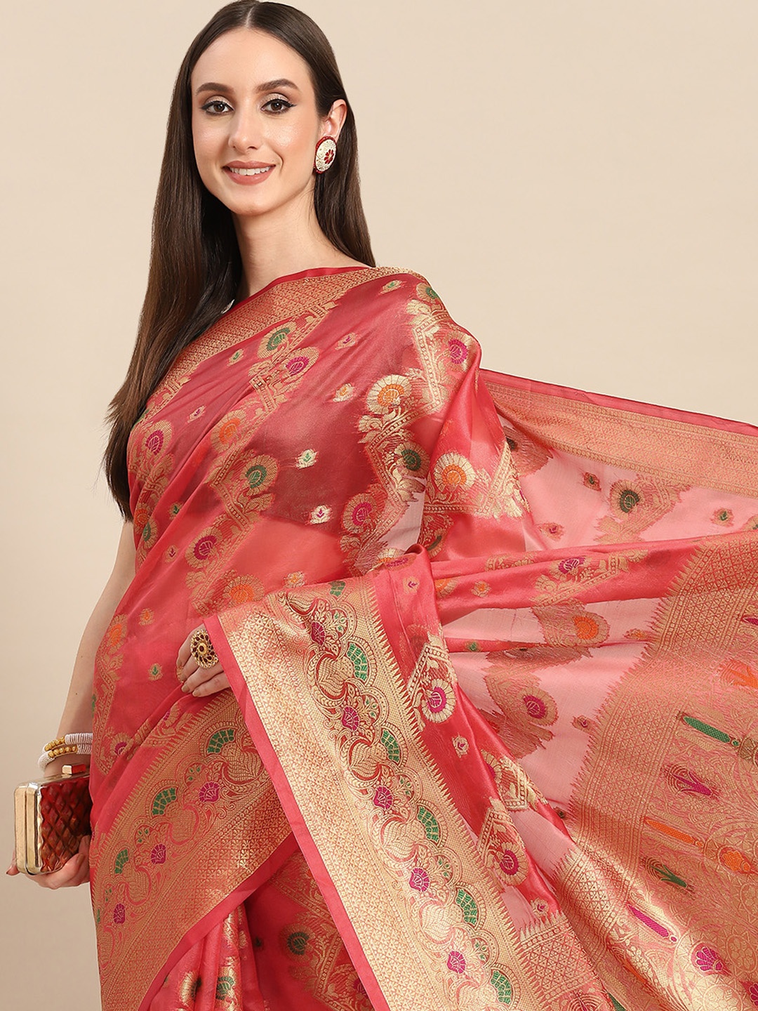 

all about you Red & Golden Woven Design Organza Saree
