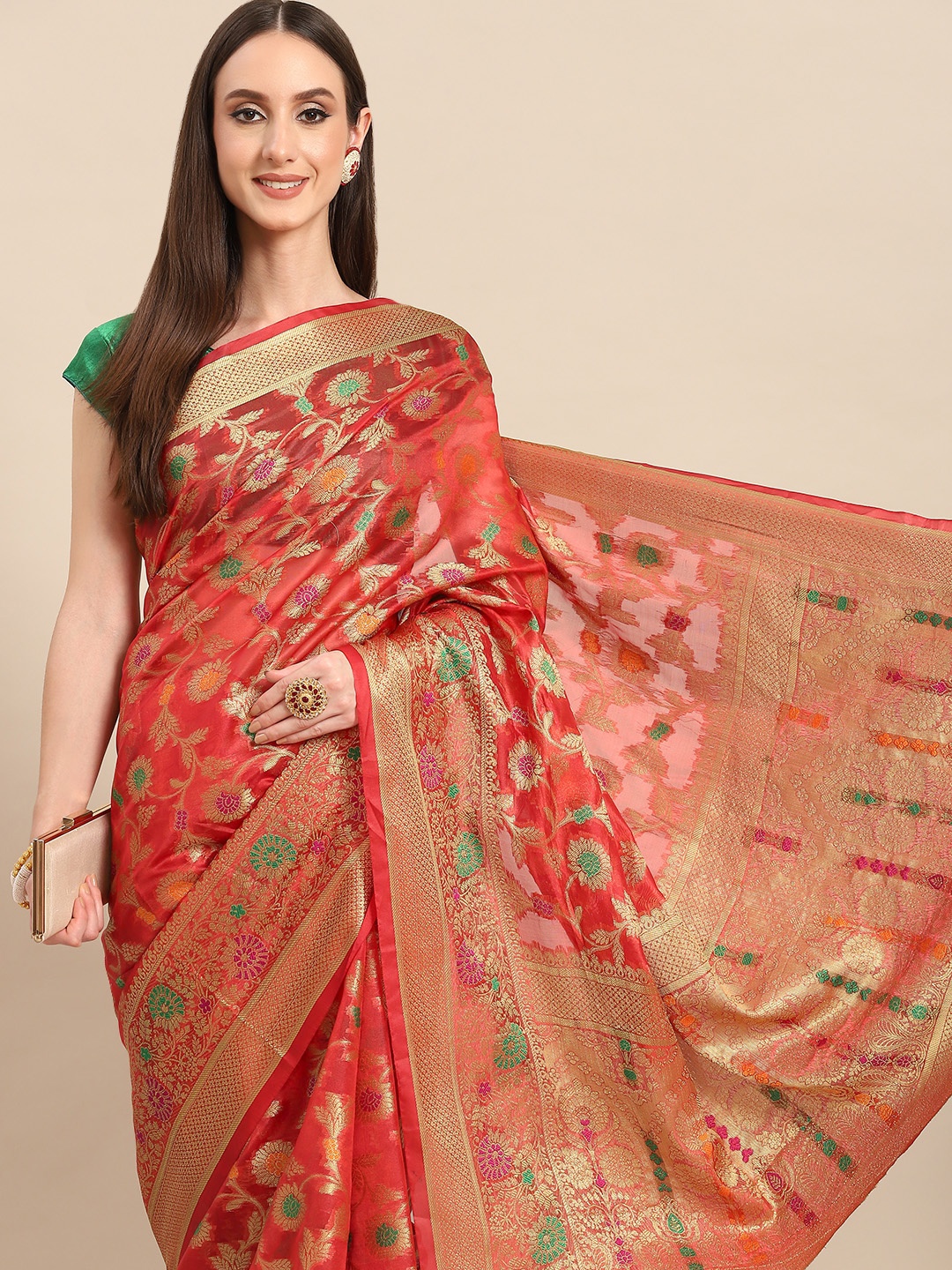

all about you Red & Golden Woven Design Organza Saree