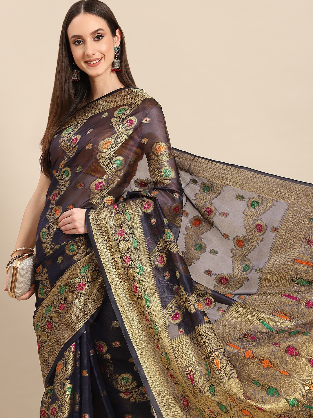 

all about you Navy Blue & Golden Woven Design Organza Saree